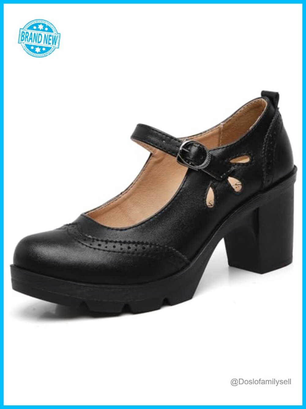 Women's Leather Mary Jane Ankle Strap Mid Heel Platform Pumps